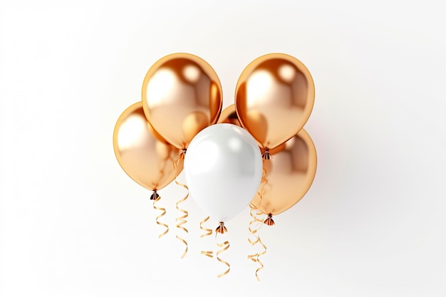 Golden and white balloons on white background Birthday fun decoration celebrate holiday new year