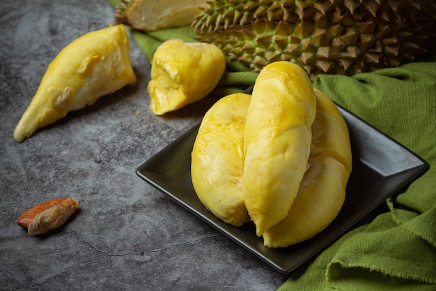 Golden yellow durian flesh Seasonal fruit Thai fruit concept.