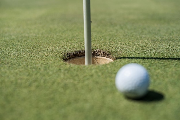 Golf field with white ball near the hole