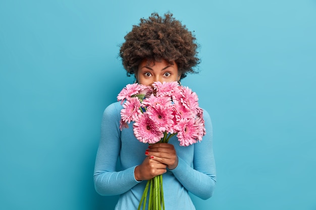 Good looking delicate African American woman smells rosy gerbera flowers, enjoys pleasant odour holds bouquet in hands