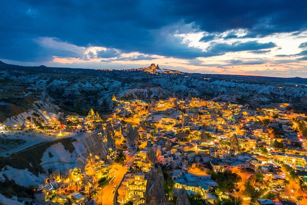 Free photo goreme town at twilight in cappadocia, turkey.