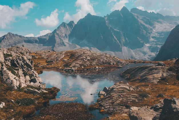 Gorgeous view of a calm lake surrounded by mountains during daylight