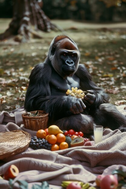 Gorilla  enjoying picnic in a fantasy world