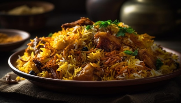 Gourmet biryani with saffron rice and chicken generated by AI