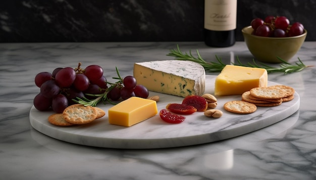 Free photo gourmet cheese plate with fresh fruit and wine generated by ai