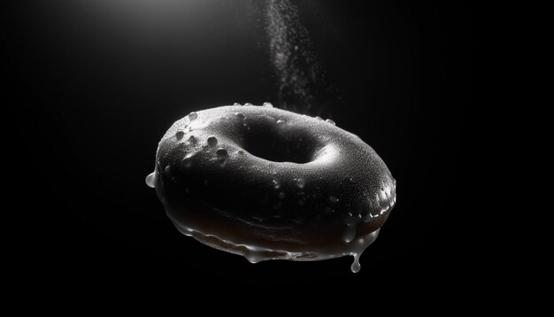 Gourmet chocolate donut levitates over dark water generated by AI