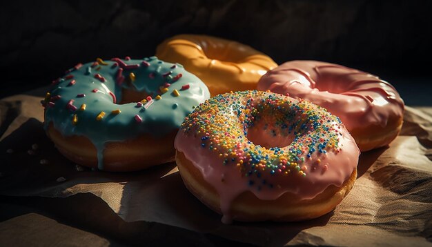 Gourmet chocolate doughnut on rustic wood plate generated by AI