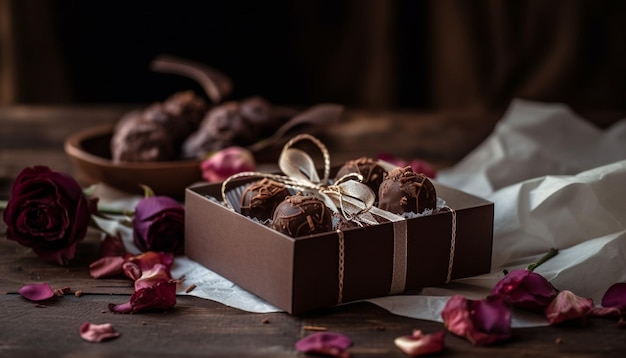 Gourmet chocolate truffles in rustic wooden box generated by AI