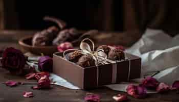 Free photo gourmet chocolate truffles in rustic wooden box generated by ai