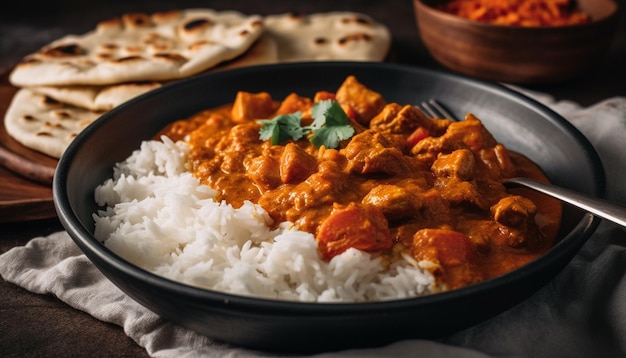 Gourmet curry bowl with freshly cooked Basmati rice generated by AI