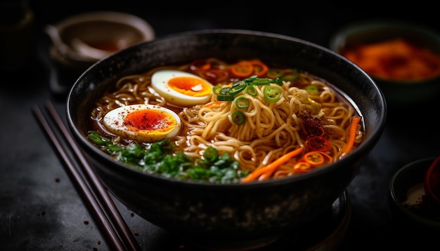 Gourmet ramen noodles in a steaming bowl generated by AI