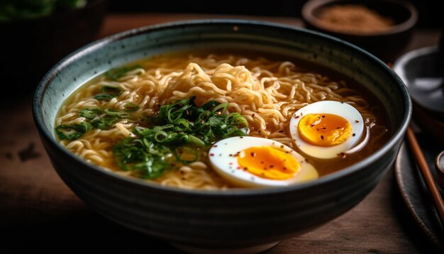 Gourmet ramen noodles in a yellow bowl generated by AI