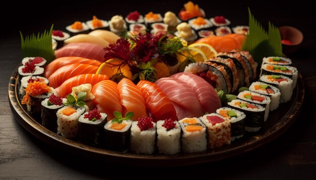 Gourmet seafood meal fresh sashimi maki sushi and nigiri plate generated by AI