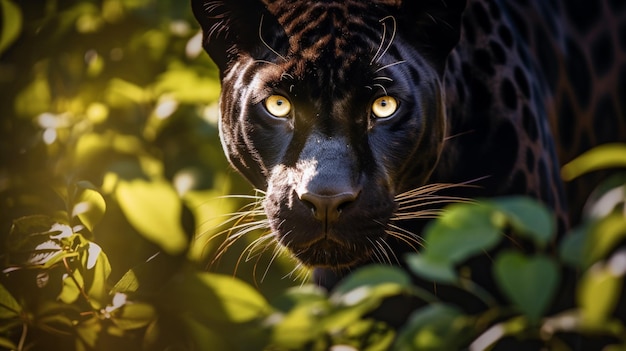 Free photo graceful panther gracefully moving through the foliage its coat shimmering in the dappled sunlight