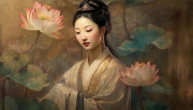 Graceful young woman adorned with lotus blossom generated by AI