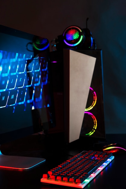 Gradient view of illuminated neon gaming desk setup with keyboard