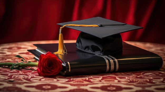 Graduation cap rests on a red book with an American flag in the background