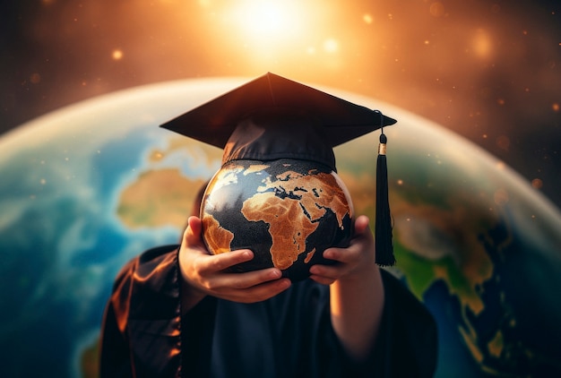 Free photo graduation cap with globe in digital art style for education day