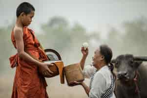 Free photo grandma offers food to a novice in the meadow.