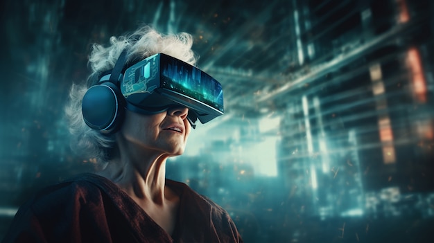 Grandma with vr glasses in futuristic city