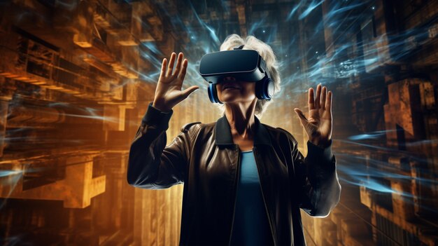 Grandma with vr glasses in futuristic city