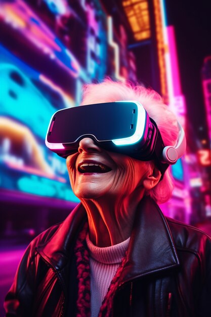 Grandma with vr glasses in futuristic city