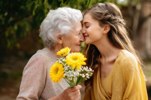 Grandmother receiving love and affection from her granddaughter