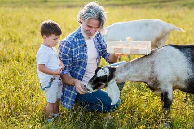 Grandpa and little boy feeding goat