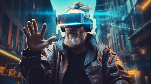 Grandpa with vr glasses in futuristic city