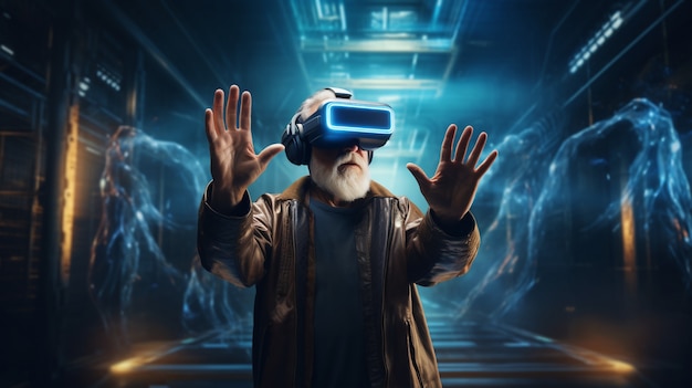 Grandpa with vr glasses in futuristic city