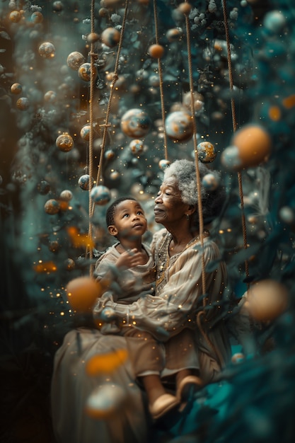 Free Photo grandparent and grandchildren in a magical and fantasy environment celebrating grandparents day