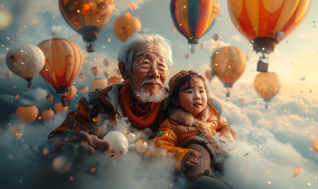 Free photo grandparent and grandchildren in a magical and fantasy environment celebrating grandparents day