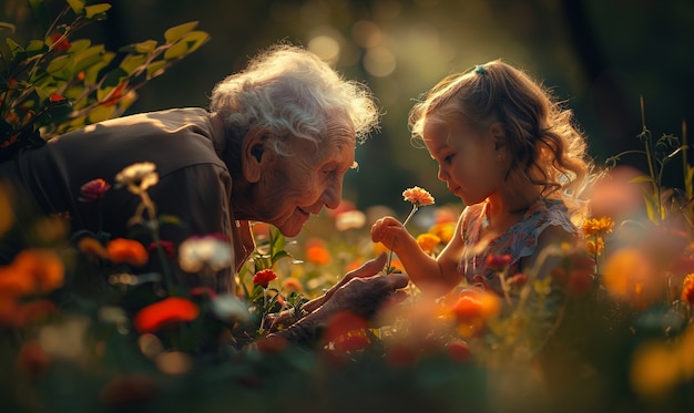 Free photo grandparent and grandchildren in a magical and fantasy environment celebrating grandparents day