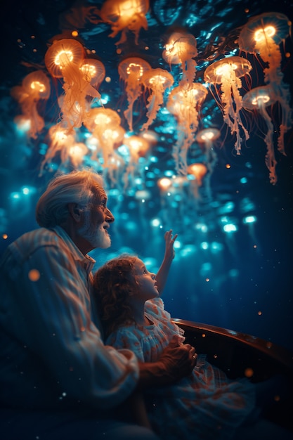 Free Photo grandparent and grandchildren in a magical and fantasy environment celebrating grandparents day