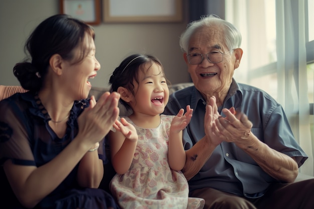 Grandparent's day celebration scene with grandparents and grandchildren showcasing a happy family