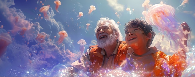 Free photo grandparent spending time their grandchildren in magical and fantasy environment