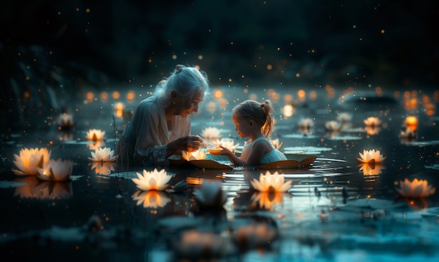 Free photo grandparent spending time their grandchildren in magical and fantasy environment