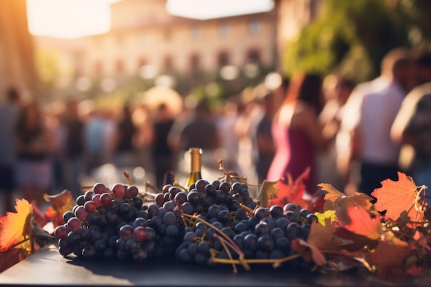 Free photo grapes harvest season selling at a festival on a wooden surface