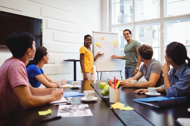 Graphic designers discussing on whiteboard with their colleagues