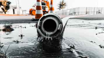 Free photo gray pipe with water coming out its hole