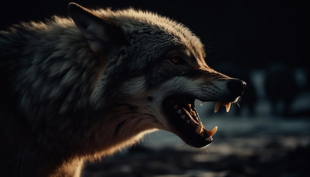 Free photo gray wolf snarls defending territory in darkness generated by ai