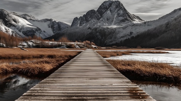 Free Photo gray wooden dock on brown grass field near snow covered mountain