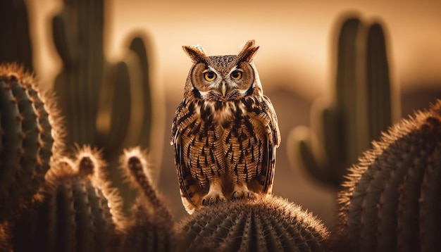 Free photo great horned owl perching on tree branch generated by ai