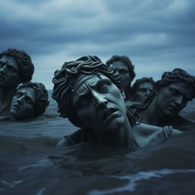 Greek busts floating on water