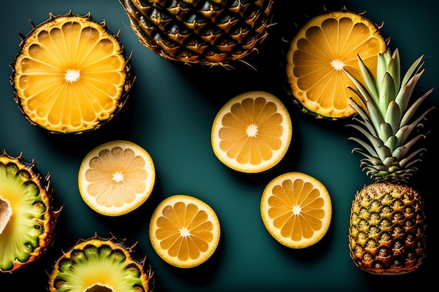 Free photo a green background with pineapples and oranges on it