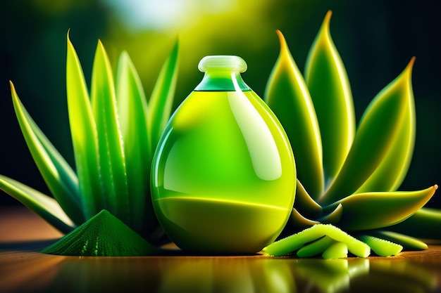 Free photo a green bottle with a green liquid in the middle sits among some plants.