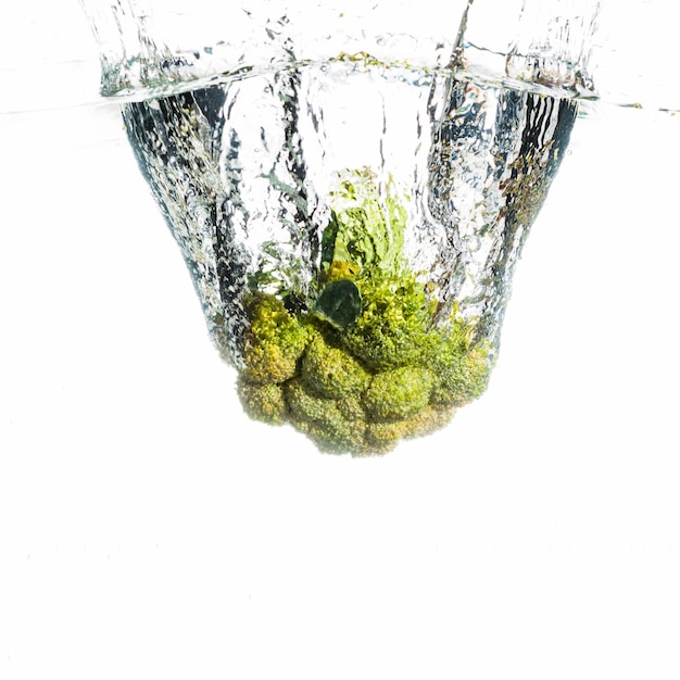 Free photo green broccoli splashes into clean water over the white backdrop