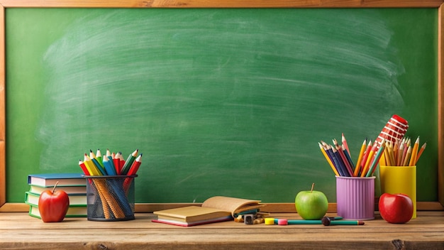 Green chalkboard with pencils books and apples on wooden table