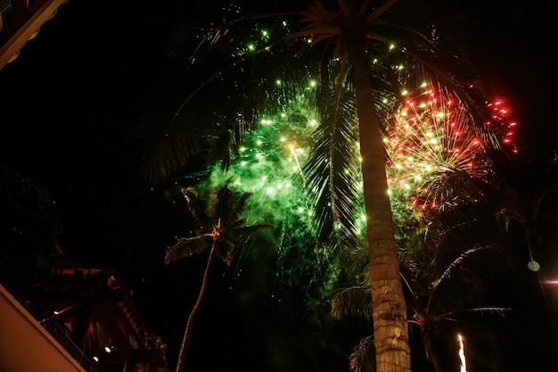 Green fireworks blow up over the palms on Hawaii