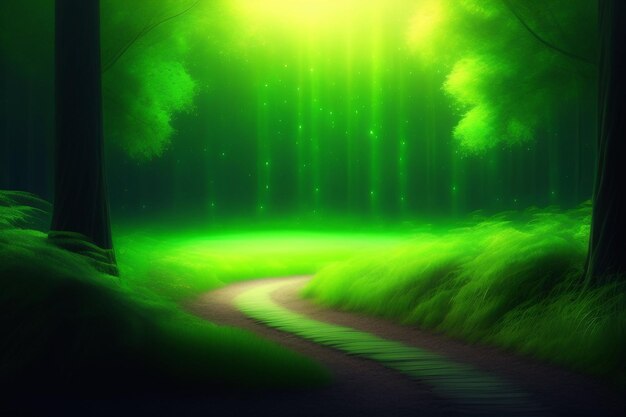 A green forest with a path leading to the forest.